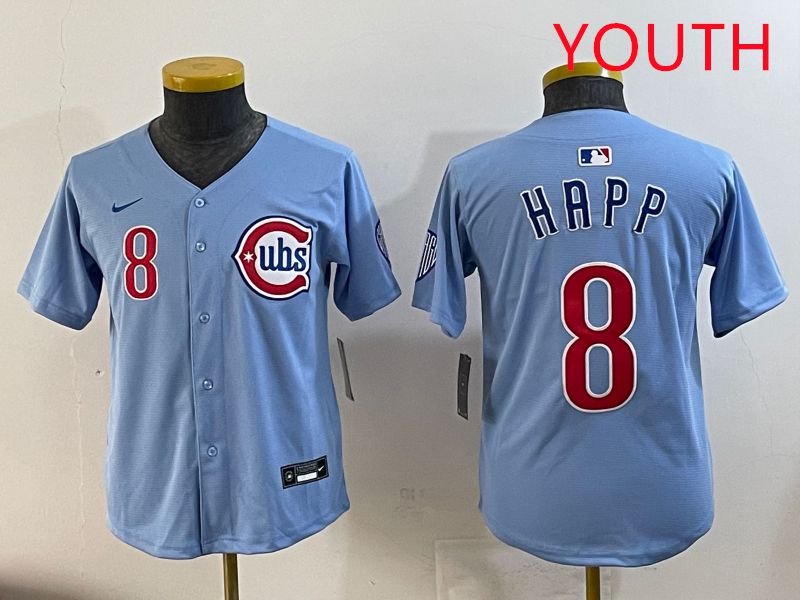 Youth Chicago Cubs 8 Happ Light Blue Throwback 2025 Nike MLB Jersey style 1
